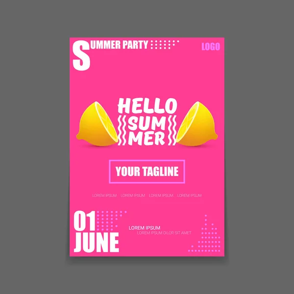 Vector Hello Summer Beach Party vertical A4 poster Plantilla de diseño o maqueta con limón fresco sobre fondo rosa con texto. Hola etiqueta concepto de verano o folleto con fruta naranja y texto tipográfico . — Vector de stock