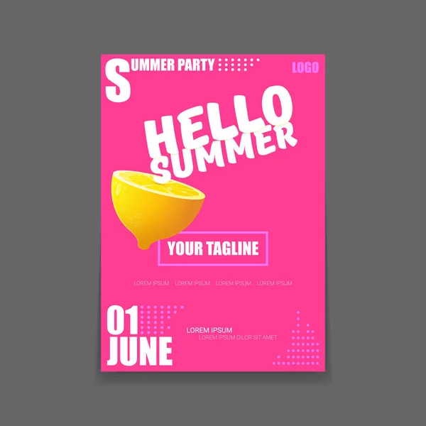 Vector Hello Summer Beach Party vertical A4 poster Plantilla de diseño o maqueta con limón fresco sobre fondo rosa con texto. Hola etiqueta concepto de verano o folleto con fruta naranja y texto tipográfico . — Vector de stock