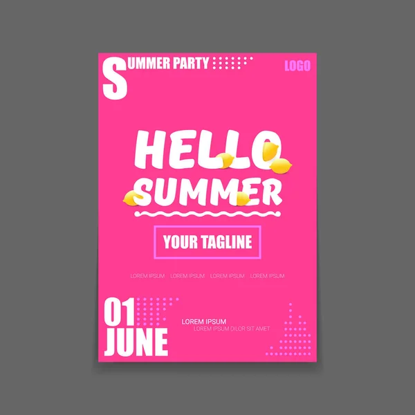 Vector Hello Summer Beach Party vertical A4 poster Plantilla de diseño o maqueta con limón fresco sobre fondo rosa con texto. Hola etiqueta concepto de verano o folleto con fruta naranja y texto tipográfico . — Archivo Imágenes Vectoriales