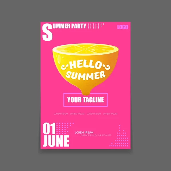 Vector Hello Summer Beach Party vertical A4 poster Plantilla de diseño o maqueta con limón fresco sobre fondo rosa con texto. Hola etiqueta concepto de verano o folleto con fruta naranja y texto tipográfico . — Vector de stock