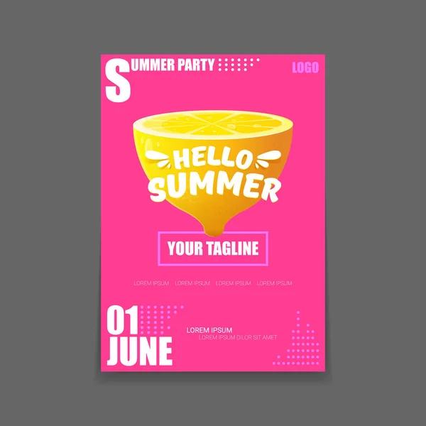 Vector Hello Summer Beach Party vertical A4 poster Plantilla de diseño o maqueta con limón fresco sobre fondo rosa con texto. Hola etiqueta concepto de verano o folleto con fruta naranja y texto tipográfico . — Vector de stock