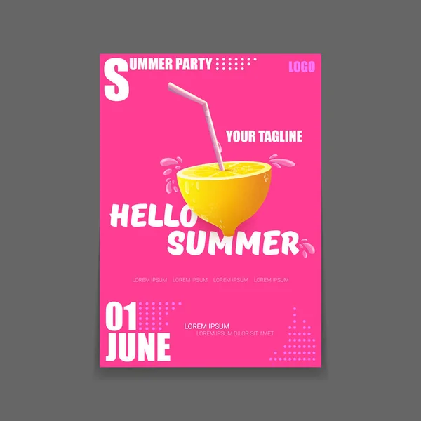 Vector Hello Summer Beach Party vertical A4 poster Plantilla de diseño o maqueta con limón fresco sobre fondo rosa con texto. Hola etiqueta concepto de verano o folleto con fruta naranja y texto tipográfico . — Vector de stock