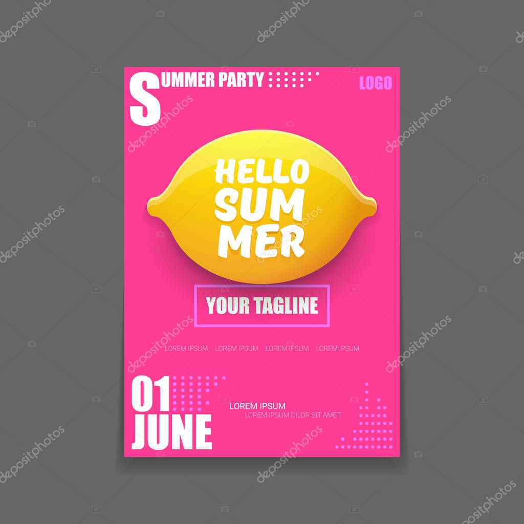 Vector Hello Summer Beach Party vertical poster Design template or mock up with fresh lemon on pink background. Hello summer concept label or flyer with orange fruit and typographic text.