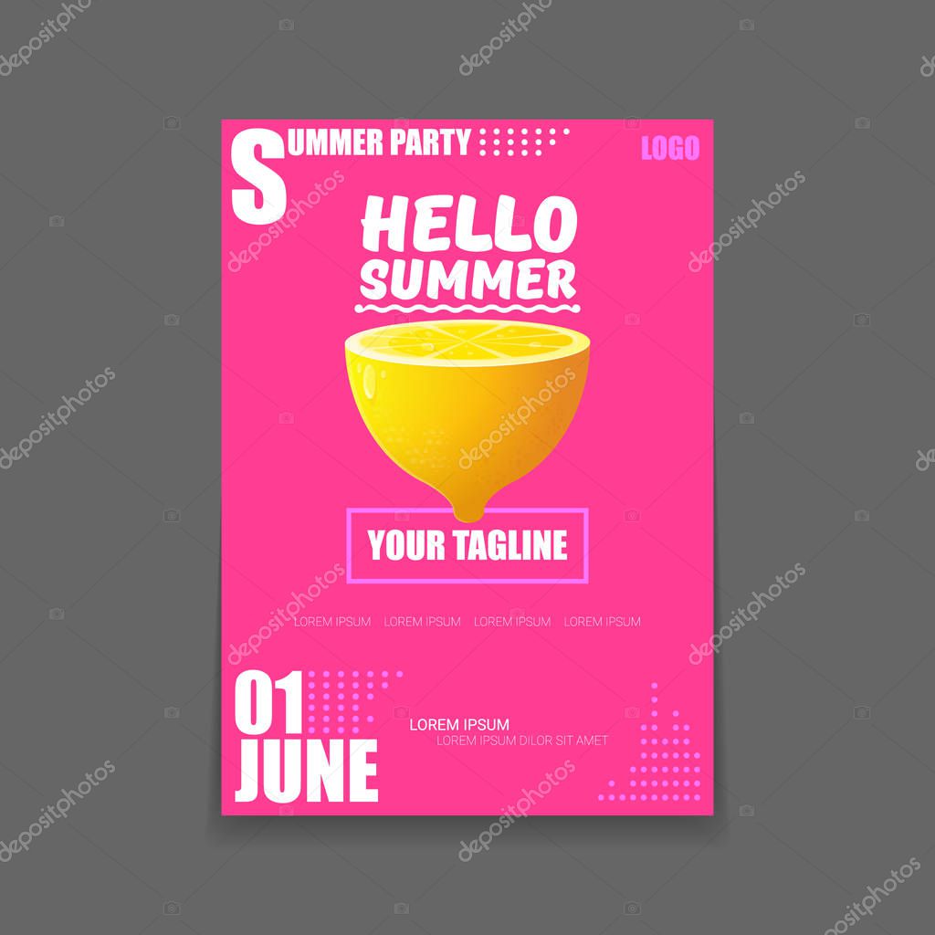 Vector Hello Summer Beach Party vertical poster Design template or mock up with fresh lemon on pink background. Hello summer concept label or flyer with orange fruit and typographic text.