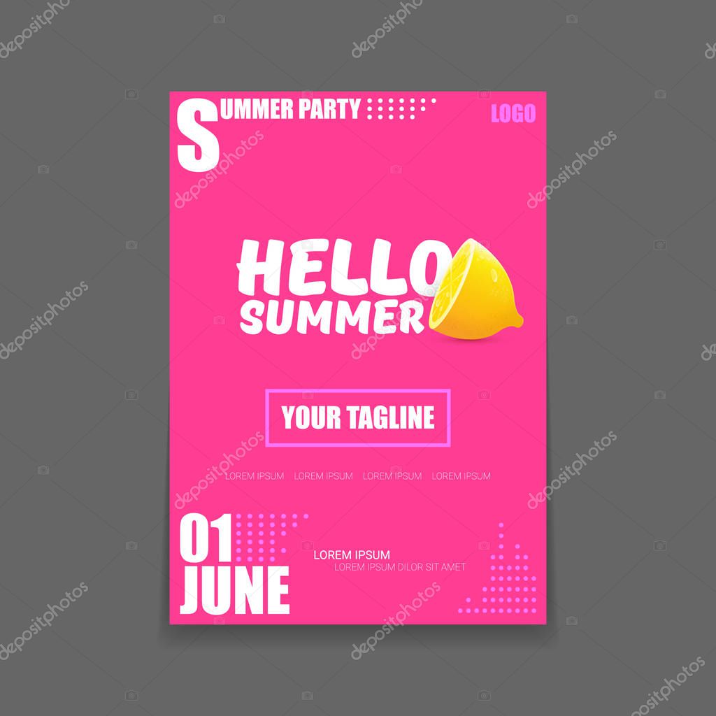Vector Hello Summer Beach Party vertical poster Design template or mock up with fresh lemon on pink background. Hello summer concept label or flyer with orange fruit and typographic text.