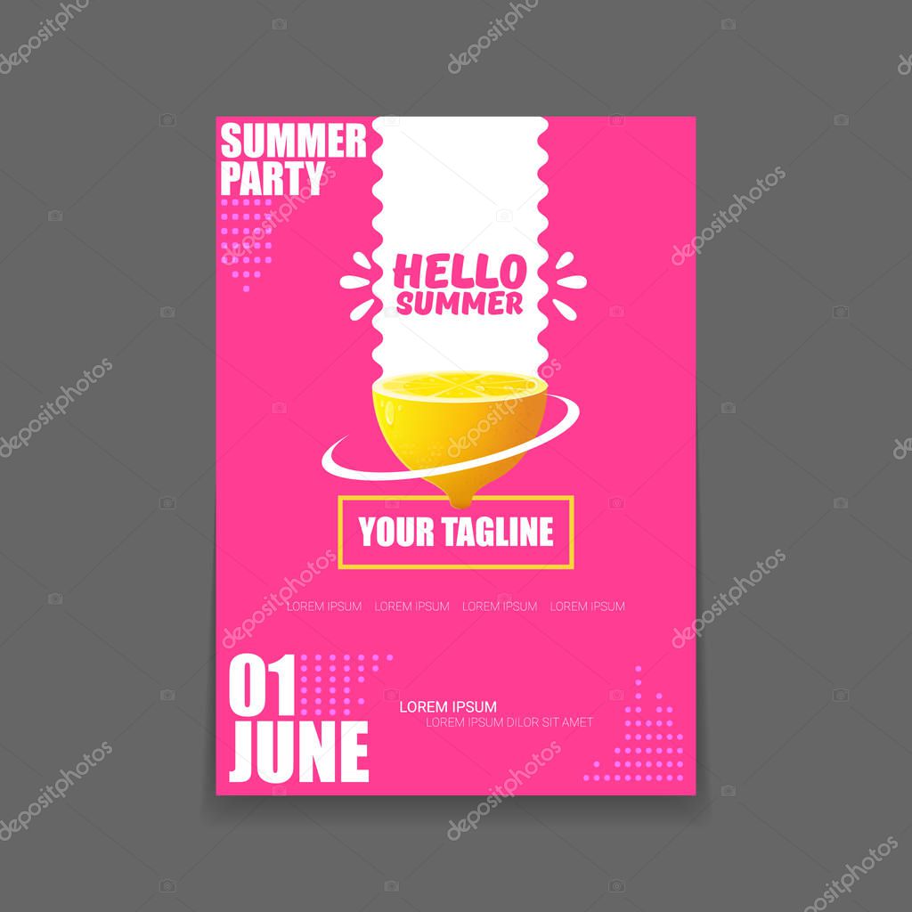 Vector Hello Summer Beach Party vertical poster Design template or mock up with fresh lemon on pink background. Hello summer concept label or flyer with orange fruit and typographic text.