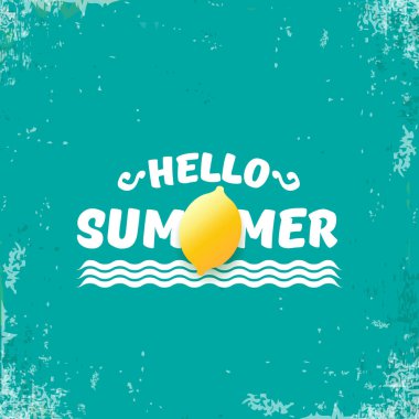 Taze limon azure veya torquoise arka plan üzerinde izole vektör Merhaba yaz plaj partisi el ilanı tasarım şablonu. Merhaba yaz konsepti etiket ya da poster turuncu meyve ve tipografik metin ile.