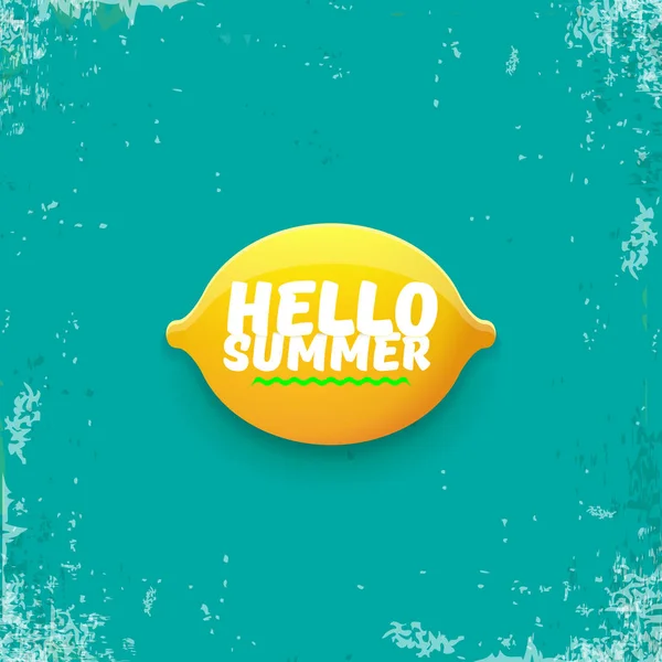 Vector Hello Summer Beach Party Flyer Plantilla de diseño con limón fresco aislado sobre fondo azul o turquesa. Hola etiqueta concepto de verano o cartel con fruta naranja y texto tipográfico . — Archivo Imágenes Vectoriales