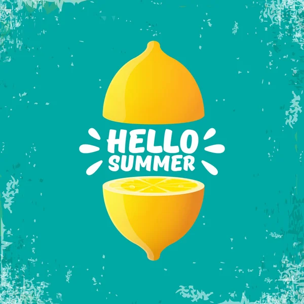 Vector Hello Summer Beach Party Flyer Plantilla de diseño con limón fresco aislado sobre fondo azul o turquesa. Hola etiqueta concepto de verano o cartel con fruta naranja y texto tipográfico . — Archivo Imágenes Vectoriales