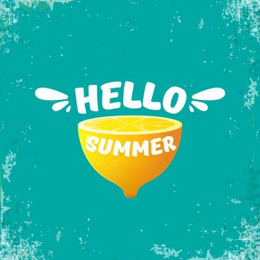 Taze limon azure veya torquoise arka plan üzerinde izole vektör Merhaba yaz plaj partisi el ilanı tasarım şablonu. Merhaba yaz konsepti etiket ya da poster turuncu meyve ve tipografik metin ile.