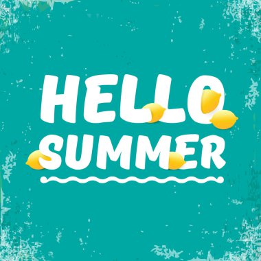 Taze limon azure veya torquoise arka plan üzerinde izole vektör Merhaba yaz plaj partisi el ilanı tasarım şablonu. Merhaba yaz konsepti etiket ya da poster turuncu meyve ve tipografik metin ile.