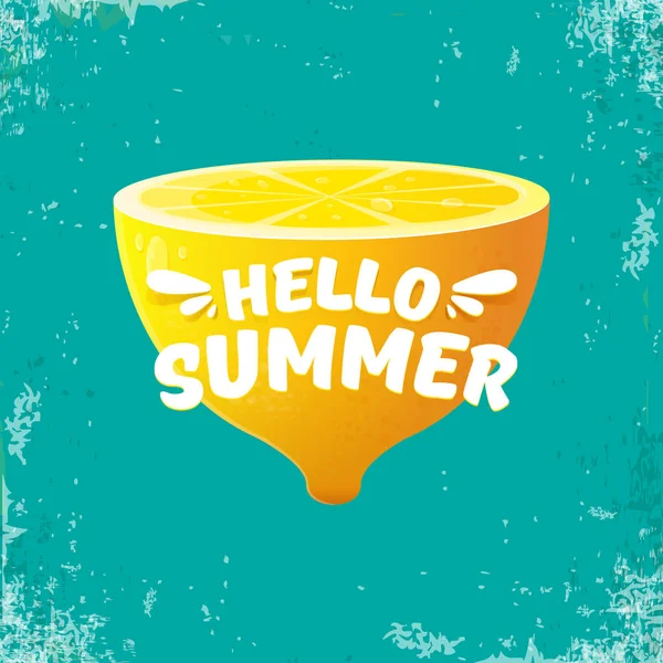 Vector Hello Summer Beach Party Flyer Modelo de design com limão fresco isolado em fundo azul ou turquesa. Olá verão conceito rótulo ou cartaz com frutas laranja e texto tipográfico . — Vetor de Stock