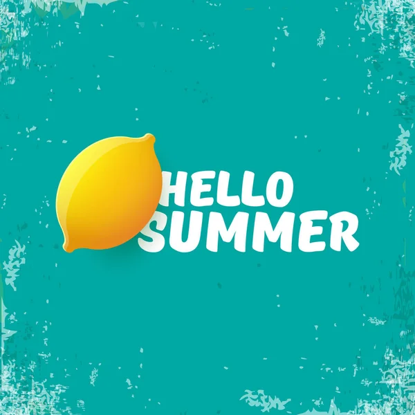 Vector Hallo Summer Beach Party Flyer ontwerpsjabloon met verse citroen geïsoleerd op azure of we achtergrond. Hallo zomer concept label of poster met oranje groenten en typografische tekst. — Stockvector