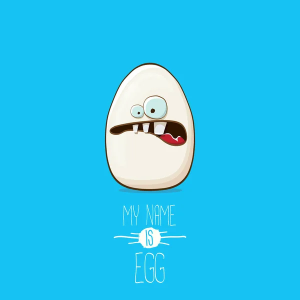 Personajes de dibujos animados huevo blanco aislados sobre fondo azul. Mi nombre es huevo vector concepto ilustración. funky granja de alimentos o carácter de Pascua con ojos — Archivo Imágenes Vectoriales