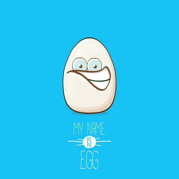 Bílá vejce kreslené postavičky izolované na modrém pozadí. Mé jméno je vajíčko vektorové ilustrace koncept. funky farm potravin nebo velikonoční charakter s očima — Stockový vektor