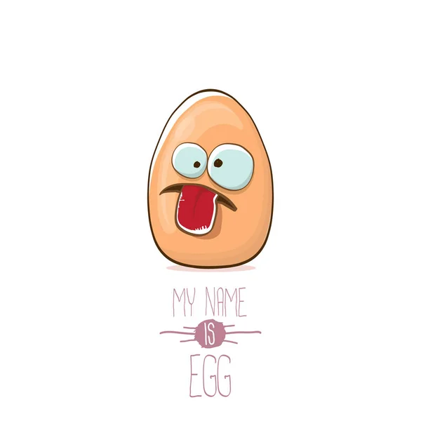 茶色の卵の漫画のキャラクターが白い背景で隔離のベクトルします。私の名前は、卵のベクトルの概念図です。目と口でファンキーなファーム食品やイースターの文字 — ストックベクタ