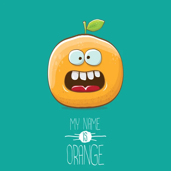 Vektor lustig Cartoon niedlichen orangefarbenen Charakter isoliert auf azurblauem Hintergrund. Mein Name ist Orange Vektor Konzept. Super funky Zitrusfrüchte Sommer Essen Charakter — Stockvektor