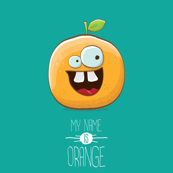 Vektor lustig Cartoon niedlichen orangefarbenen Charakter isoliert auf azurblauem Hintergrund. Mein Name ist Orange Vektor Konzept. Super funky Zitrusfrüchte Sommer Essen Charakter — Stockvektor