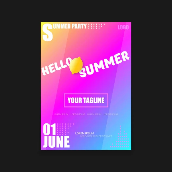 Vector Hello Summer Beach Party vertical A4 poster Plantilla de diseño o maqueta con limón fresco sobre fondo degradado de estilo moderno rosa y púrpura. Hola etiqueta concepto de verano o folleto — Vector de stock