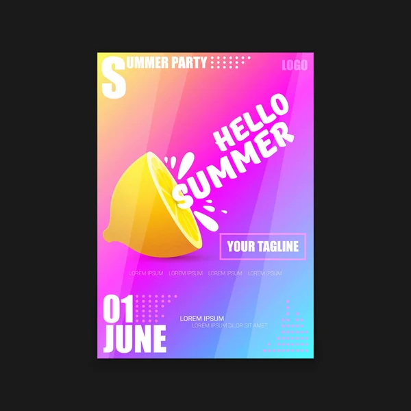 Vector Hello Summer Beach Party vertical A4 poster Plantilla de diseño o maqueta con limón fresco sobre fondo degradado de estilo moderno rosa y púrpura. Hola etiqueta concepto de verano o folleto — Vector de stock