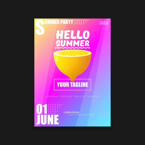 Vector Hello Summer Beach Party vertical A4 poster Plantilla de diseño o maqueta con limón fresco sobre fondo degradado de estilo moderno rosa y púrpura. Hola etiqueta concepto de verano o folleto — Archivo Imágenes Vectoriales