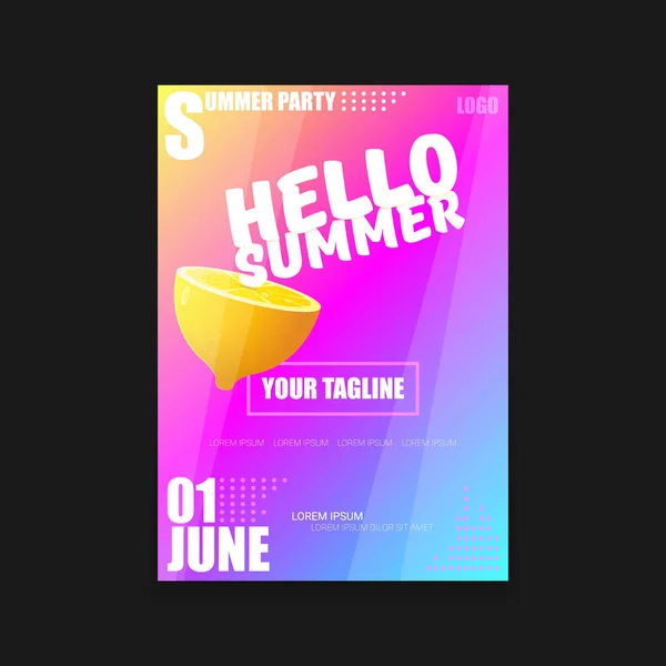 Vector Hello Summer Beach Party vertical A4 poster Plantilla de diseño o maqueta con limón fresco sobre fondo degradado de estilo moderno rosa y púrpura. Hola etiqueta concepto de verano o folleto — Vector de stock