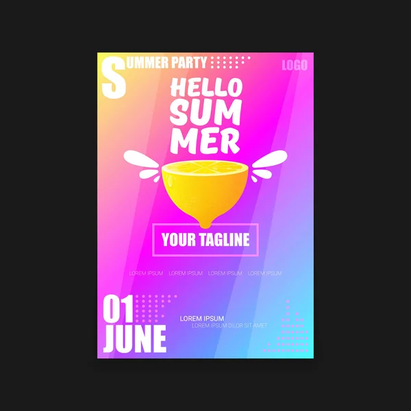 Vector Hello Summer Beach Party vertical A4 poster Plantilla de diseño o maqueta con limón fresco sobre fondo degradado de estilo moderno rosa y púrpura. Hola etiqueta concepto de verano o folleto — Vector de stock