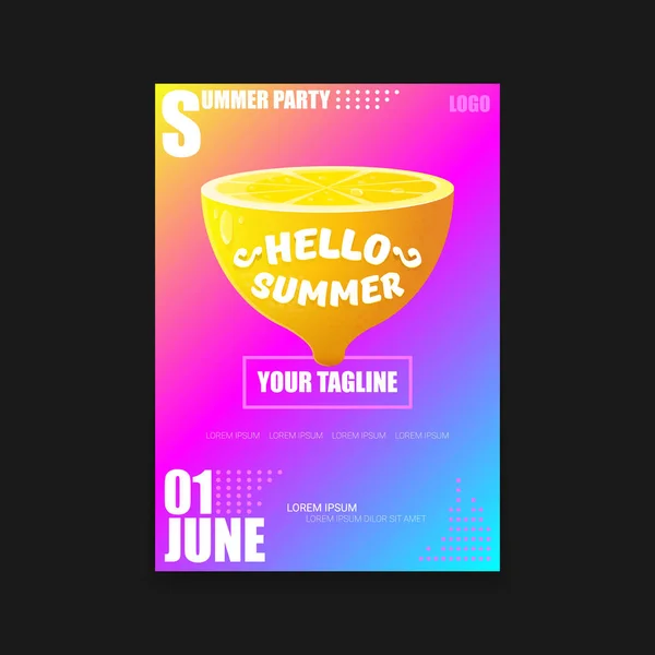 Vector Hello Summer Beach Party vertical A4 poster Plantilla de diseño o maqueta con limón fresco sobre fondo degradado de estilo moderno rosa y púrpura. Hola etiqueta concepto de verano o folleto — Vector de stock