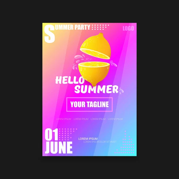 Vector Hello Summer Beach Party vertical A4 poster Plantilla de diseño o maqueta con limón fresco sobre fondo degradado de estilo moderno rosa y púrpura. Hola etiqueta concepto de verano o folleto — Vector de stock
