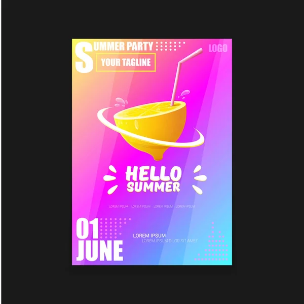 Vector Hello Summer Beach Party vertical A4 poster Plantilla de diseño o maqueta con limón fresco sobre fondo degradado de estilo moderno rosa y púrpura. Hola etiqueta concepto de verano o folleto — Vector de stock