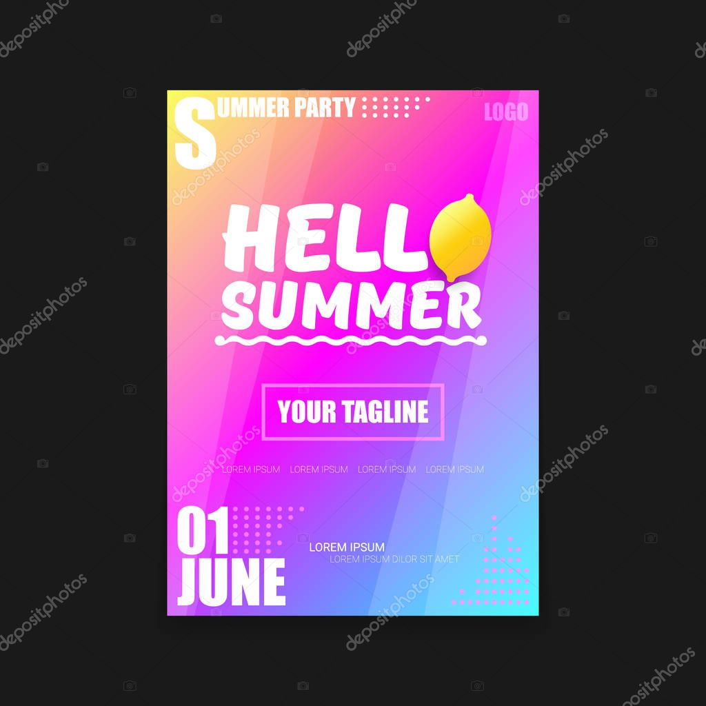 Vector Hello Summer Beach Party modern vertical A4 poster Design template or mock up with fresh lemon on pink and purple modern style gradient background. Hello summer concept label or flyer