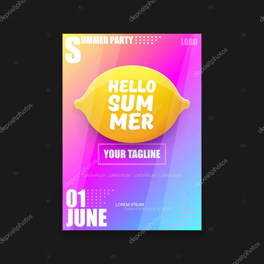 Vector Hello Summer Beach Party modern vertical A4 poster Design template or mock up with fresh lemon on pink and purple modern style gradient background. Hello summer concept label or flyer