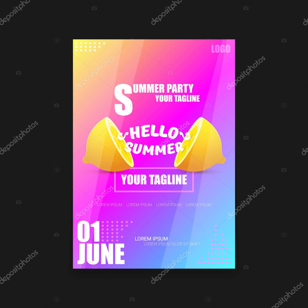 Vector Hello Summer Beach Party modern vertical A4 poster Design template or mock up with fresh lemon on pink and purple modern style gradient background. Hello summer concept label or flyer