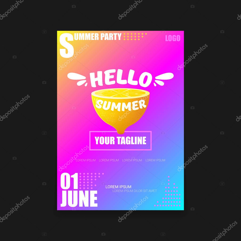 Vector Hello Summer Beach Party modern vertical A4 poster Design template or mock up with fresh lemon on pink and purple modern style gradient background. Hello summer concept label or flyer