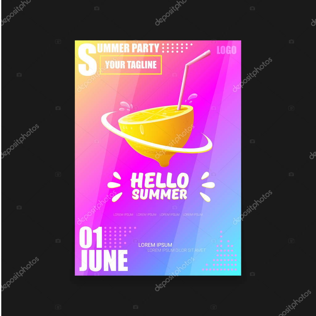 Vector Hello Summer Beach Party modern vertical A4 poster Design template or mock up with fresh lemon on pink and purple modern style gradient background. Hello summer concept label or flyer