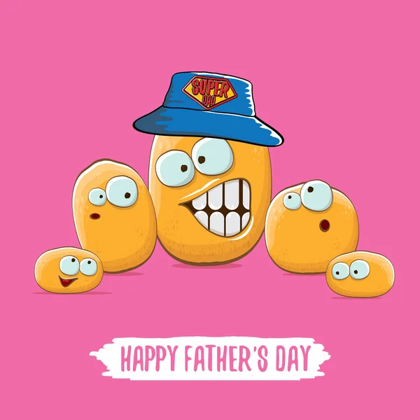 Ευτυχισμένος πατέρες ημέρα ευχετήρια κάρτα με καρτούν πατάτας ο πατέρας και τα παιδιά. πατέρων ημέρα διάνυσμα ετικέτας ή εικονιδίου που απομονώνονται σε ροζ — Διανυσματικό Αρχείο