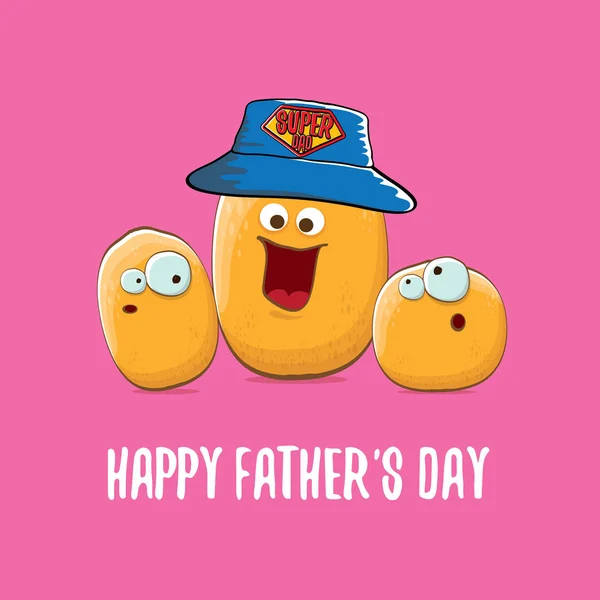 Ευτυχισμένος πατέρες ημέρα ευχετήρια κάρτα με καρτούν πατάτας ο πατέρας και τα παιδιά. πατέρων ημέρα διάνυσμα ετικέτας ή εικονιδίου που απομονώνονται σε ροζ — Διανυσματικό Αρχείο