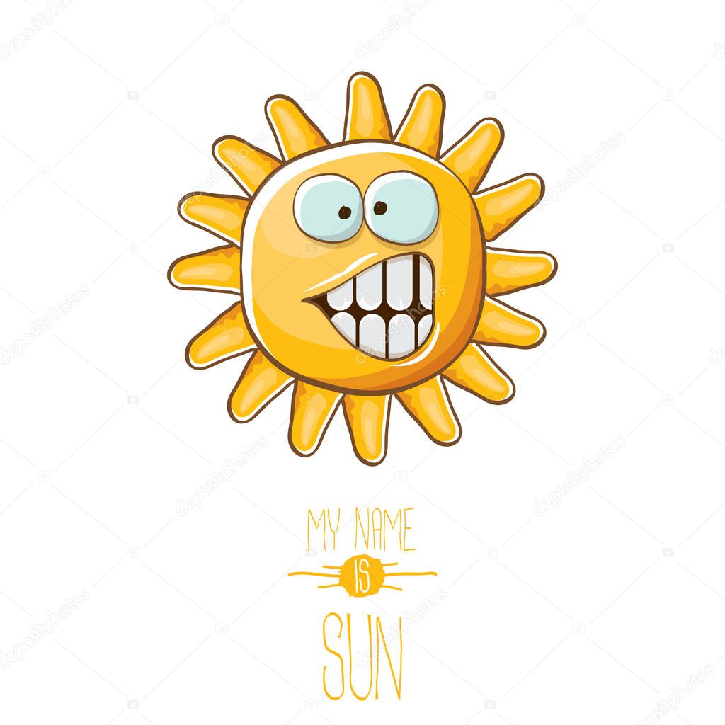 Vector funky cartoon summer sun character isolated on white background. My name is sun concept illustration. funky kids summer character with eyes and mouth
