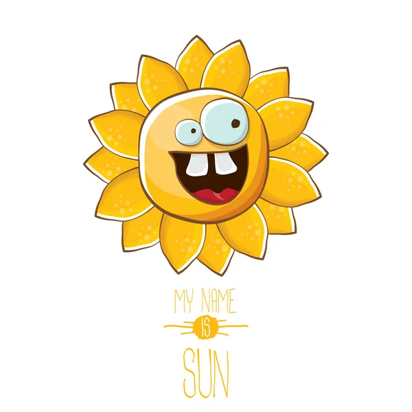 Vecteur funky personnage de soleil d'été de style dessin animé isolé sur fond blanc. Je m'appelle Sun Concept Illustration. funky enfants caractère d'été avec les yeux et la bouche — Image vectorielle
