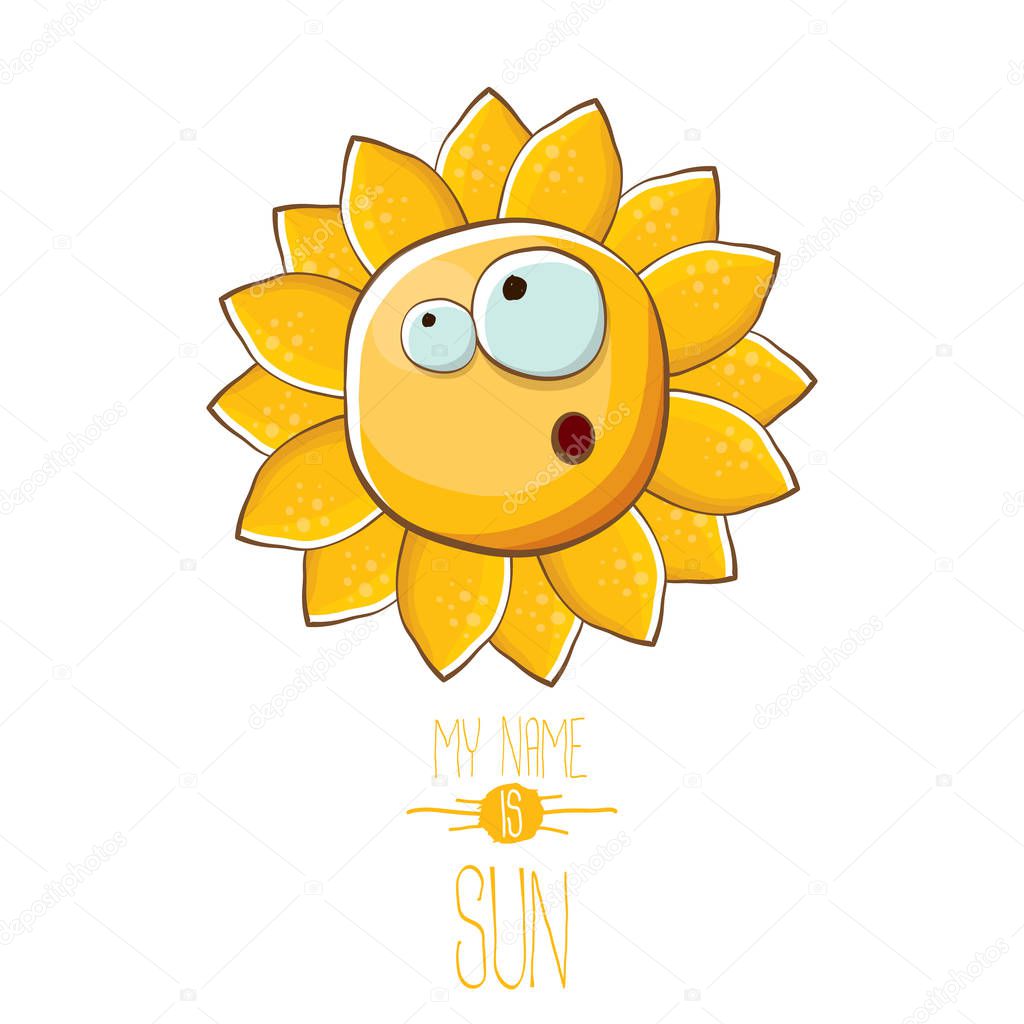 Vector funky cartoon summer sun character isolated on white background. My name is sun concept illustration. funky kids summer character with eyes and mouth