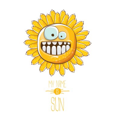 vektör funky çizgi film tarzı yaz güneş karakteri izole beyaz arka plan üzerinde. Benim adım güneş kavramı ilişkindir. Funky çocuklar yaz karakter gözler ve ağız ile