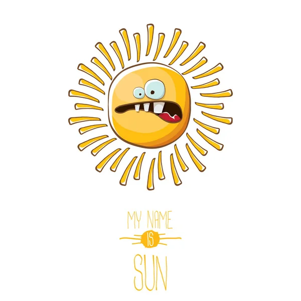 Vektor funky Cartoon Stil Sommersonne Charakter isoliert auf weißem Hintergrund. Mein Name ist Sun Concept Illustration. flippige Kindersommerfigur mit Augen und Mund — Stockvektor