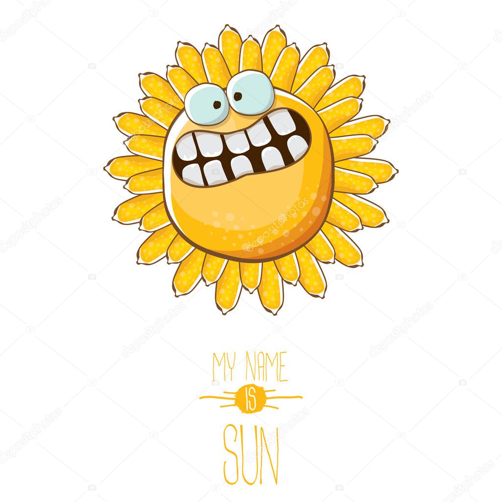 Vector funky cartoon summer sun character isolated on white background. My name is sun concept illustration. funky kids summer character with eyes and mouth