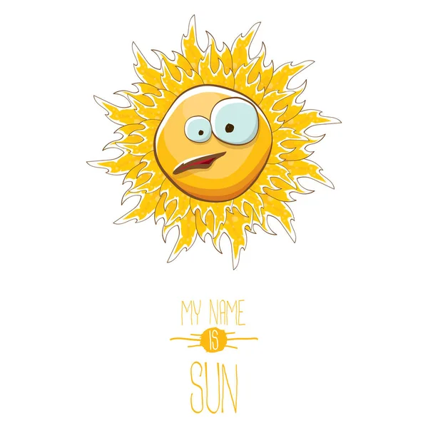 Векторний фанк мультиплікаційний стиль літнього сонця персонаж ізольований на білому тлі. Мене звуть ілюстрація концепції сонця. фанк дитячий літній персонаж з очима і ротом — стоковий вектор