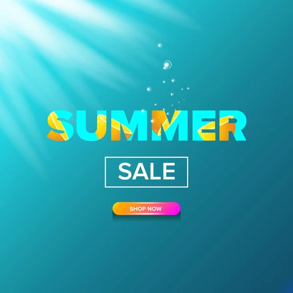 Vector verano venta moderno diseño plantilla web banner o póster. Etiqueta de venta de verano con texto tipográfico sobre fondo de agua azul con luces — Vector de stock