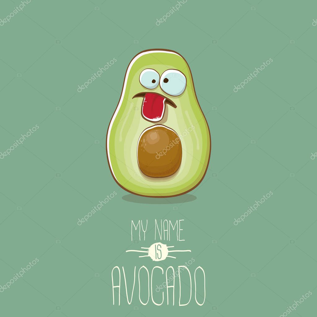 Funny cartoon cute green avocado character isolated on green background. My name is avocado vector concept. vector healthy summer funky fruit character