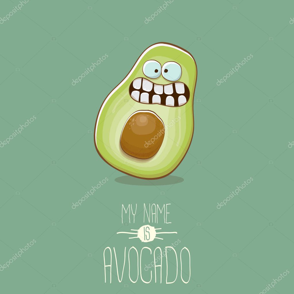 Funny cartoon cute green avocado character isolated on green background. My name is avocado vector concept. vector healthy summer funky fruit character
