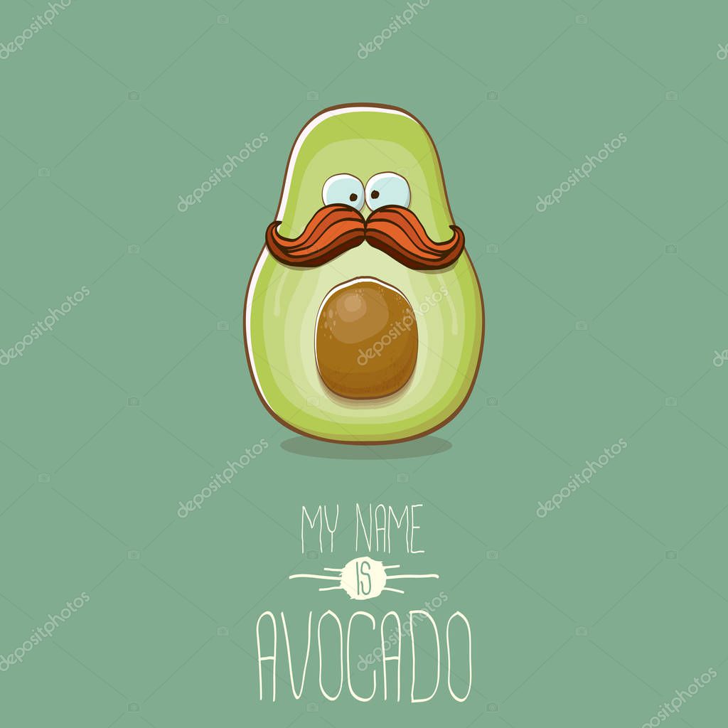 Funny cartoon cute green avocado character isolated on green background. My name is avocado vector concept. vector healthy summer funky fruit character