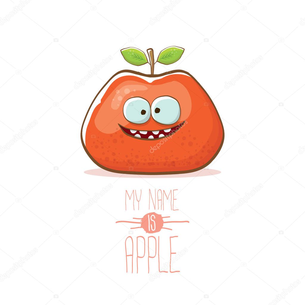 Vector funny cartoon cute red apple character isolated on white background. My name is apple vector concept. super funky vegetable summer food character
