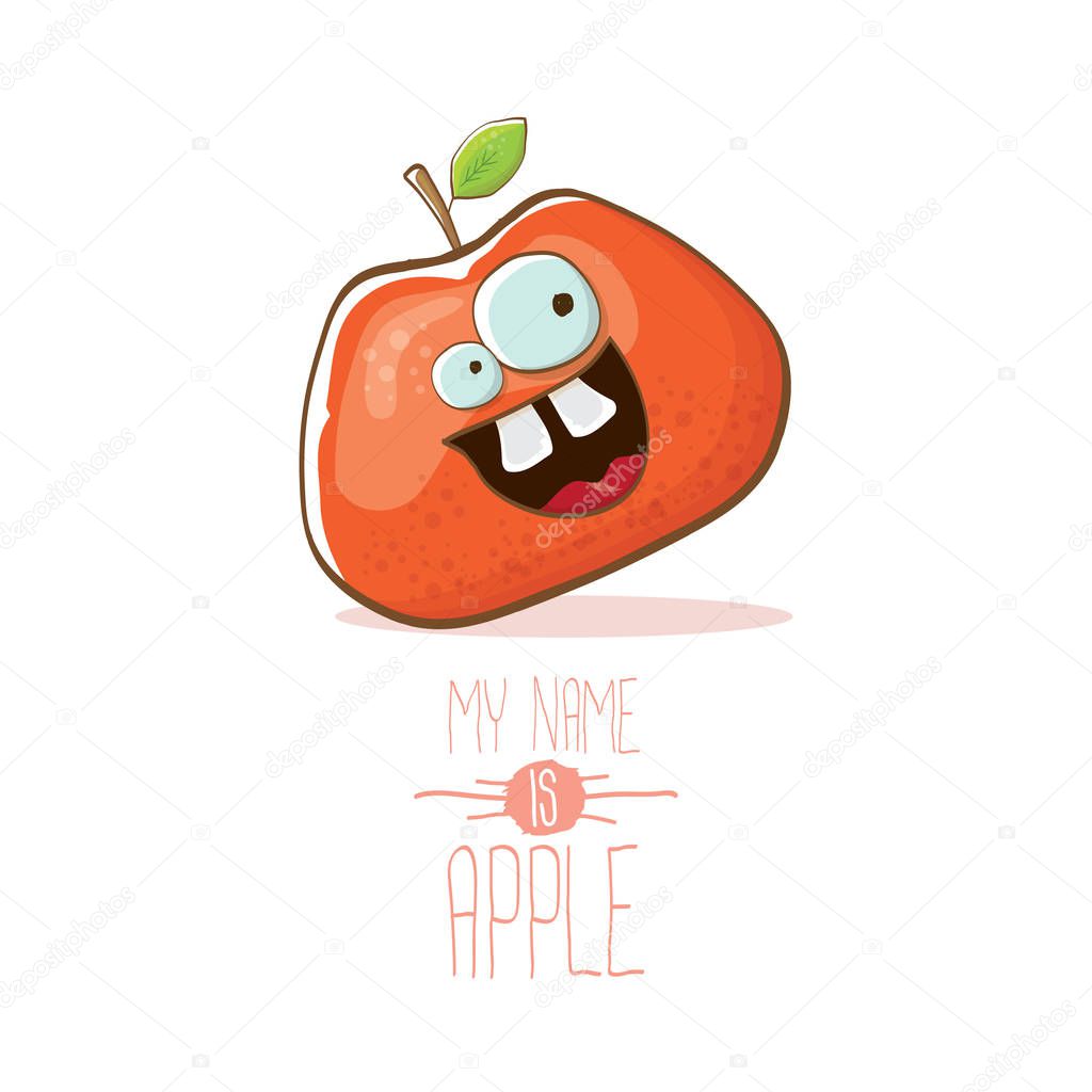 Vector funny cartoon cute red apple character isolated on white background. My name is apple vector concept. super funky vegetable summer food character